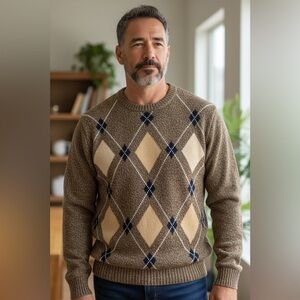 Vintage Gulf Traders Argyle Cotton Crewneck Sweater Brown Cream Navy Large